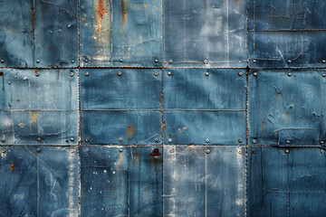 A close-up of a worn, blue-painted metal surface with rivets and patches, evoking a denim-like texture.