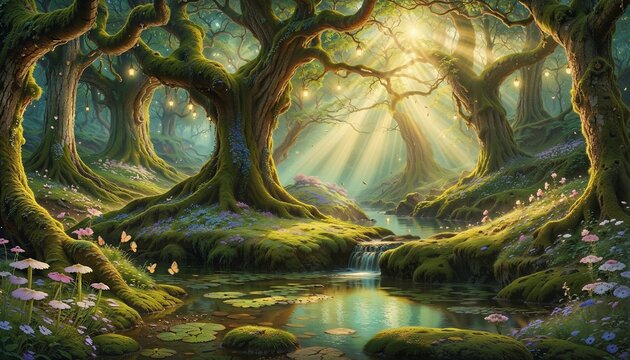 wallpaper painting of a magic forest background