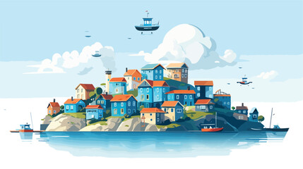 A coastal village with charming floating cottages  - obrazy, fototapety, plakaty