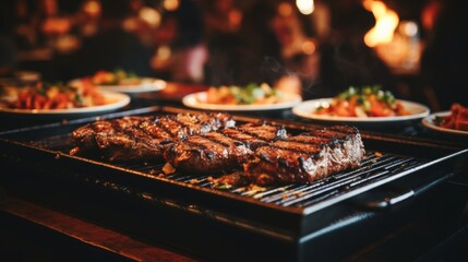 Sizzling meat on grill, flames dancing, evoking smell and warmth, blurred background - obrazy, fototapety, plakaty