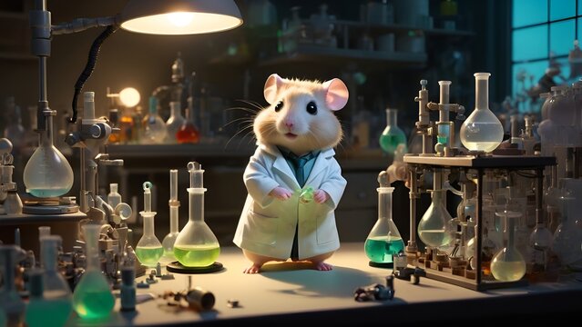 The hamster in a scientist's lab coat in a lab, Scientist mouse in lab coat ready for science, medicine research, AI generated