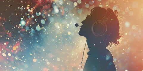 A silhouette profile of a woman with headphones, immersed in colorful bokeh light effects.