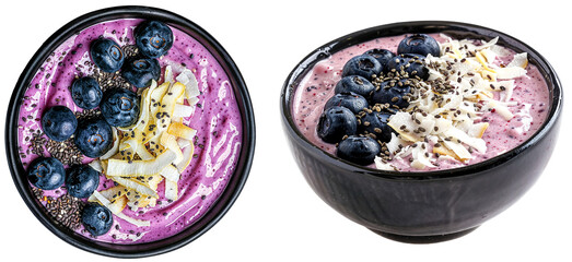 bowl with blueberry yogurt with toasted coconut flakes and a sprinkle of chia seeds, isolated on a transparent background, side and top view, breakfast collection - obrazy, fototapety, plakaty