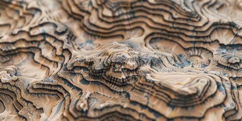 Close-up view of sand dunes with abstract topographical pattern textures in natural earth tones.