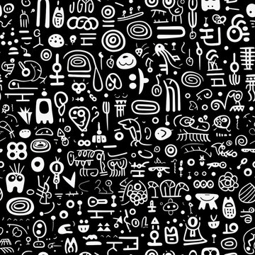 A black and white image with many different shapes and symbols