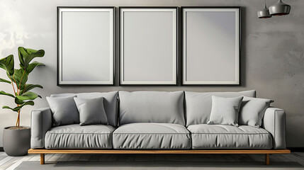 Multi mockup poster frames on a decorative shelf, next to a trendy sectional sofa