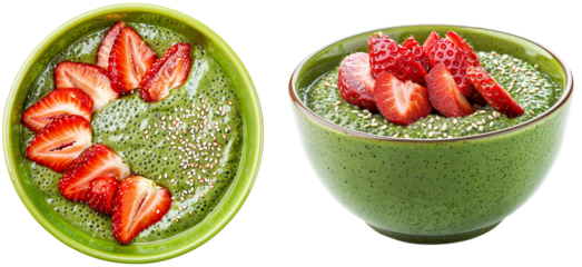 bowl with matcha chia pudding with sliced strawberries and a sprinkle of sesame seeds, isolated on a transparent background, side and top view, breakfast bundle