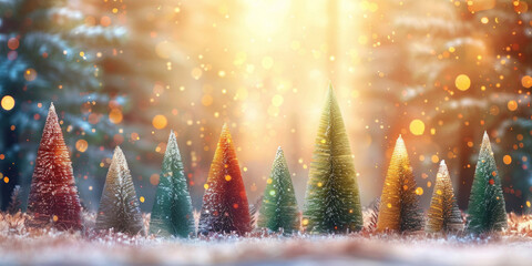 Row of sparkling miniature Christmas trees with a magical bokeh light background, evoking a festive...