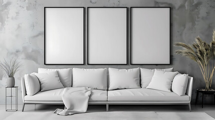 Multi mockup poster frames on a sleek acrylic panel, adjacent to a cozy loveseat