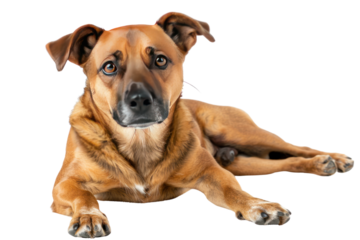 Dog lying down eating food