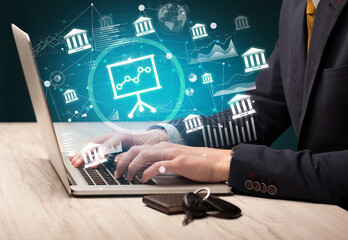 Business hand working on laptop, successful business concept