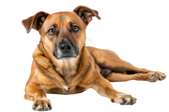 Dog lying down eating food