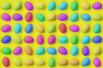 Many colorful eggs on yellow background. Top flat view, horizontal. 3d render, illustration