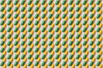 Many green and yellow pills on bisque background. Top flat view, horizontal. 3d render, illustration