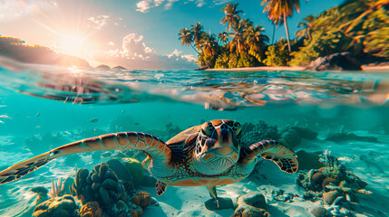 Sea turtle swims through a colorful coral reef - obrazy, fototapety, plakaty