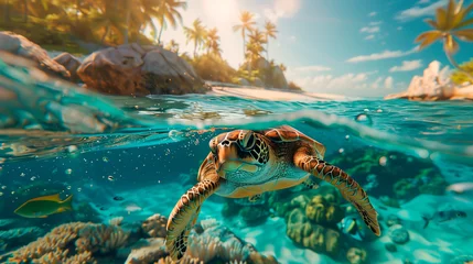 Foto auf Leinwand Sea turtle swims through a colorful coral reef © HUMANIMALS