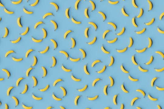 Many bananas on steel blue background. Top flat view, symmetrical grid. 3d render, illustration