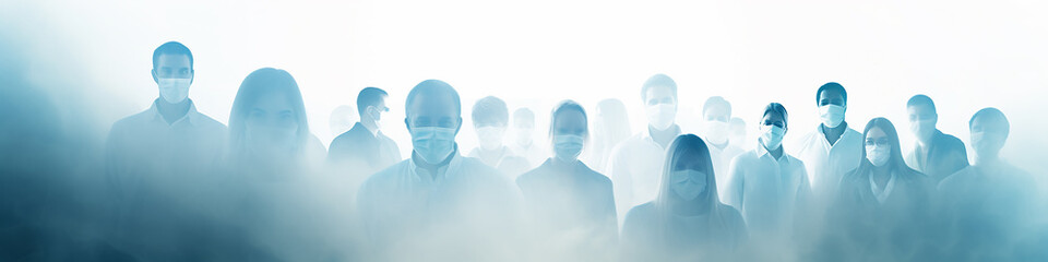 crowd of abstract silhouettes of people in medical masks, long narrow panoramic view,  social issue, grim horror zombie apocalypse background - obrazy, fototapety, plakaty