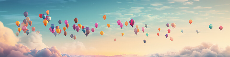 Obraz premium panorama of multicolored balloons in the sky above the clouds, long narrow panoramic view, background, space, freedom and happiness