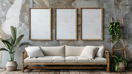 Multi mockup poster frames on a rustic wooden ladder, near a stylish settee