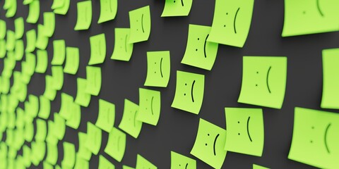 Many green stickers on black board background with sad smile symbol drawn on them. Closeup view with narrow depth of field and selective focus. 3d render, Illustration - obrazy, fototapety, plakaty