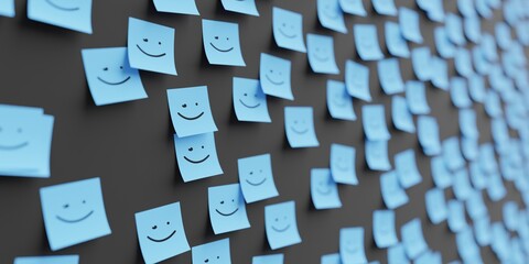 Many blue stickers on black board background with smile with winkle symbol drawn on them. Closeup view with narrow depth of field and selective focus. 3d render, Illustration - obrazy, fototapety, plakaty