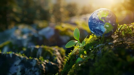 Globe in the moss. Environment conservation concept. 3D rendering