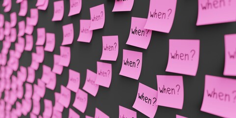 Many pink stickers on black board background with question when? symbol drawn on them. Closeup view with narrow depth of field and selective focus. 3d render, Illustration