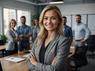 Smiling attractive confident professional woman posing at her business office with her coworkers and employees in the background. Plenty of copy space. Generative AI - obrazy, fototapety, plakaty