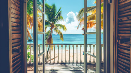 window with idyllic beach landscape view. Palms on the ocean beach at sunny day. Real estate in for sale, rent booking. Travel, summer vacation