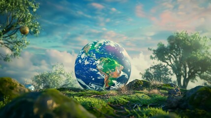 Obraz na płótnie Canvas Globe in the forest. 3D render. Elements of this image furnished by NASA