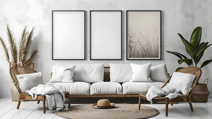 Multi mockup poster frames on a sleek acrylic panel, adjacent to a cozy loveseat