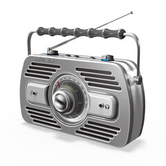 3d Illustration, graues Radio, Kofferradio im Retro Style mit Henkel und Senderwahl mit weißen Hintergrund, freigestellt