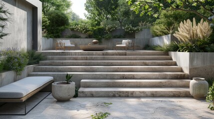 a cement staircase characterized by steps of varying heights and dimensions, accompanied by ample space for seating furniture and a table, along with designated holes for planting vases.