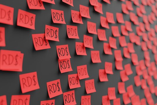 Many red stickers on black board background with symbol of Dominican Republic peso drawn on them. Closeup view with narrow depth of field and selective focus. 3d render, illustration