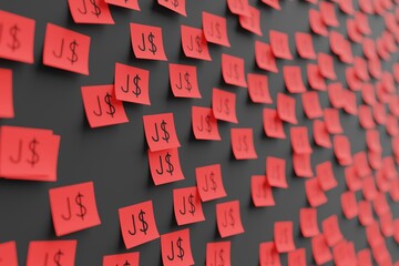 Many red stickers on black board background with symbol of Jamaica dollar drawn on them. Closeup view with narrow depth of field and selective focus. 3d render, illustration