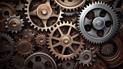 background displaying metallic cogwheels, highlighting their industrial aesthetic and mechanical functionality, serving as a backdrop for various applications.
