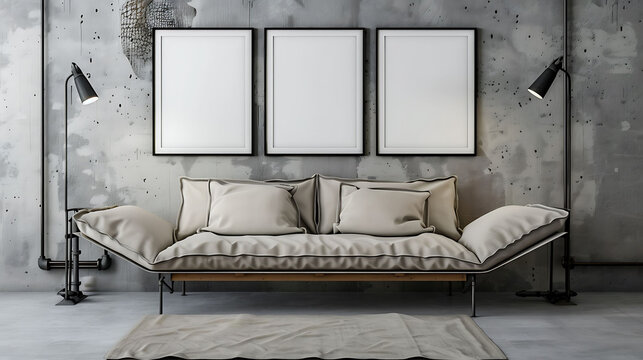 Multi mockup poster frames on an industrial pipe shelving unit, beside a trendy sofa bed