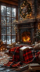 Fototapeta na wymiar A cozy living room with a fireplace, a book, and a Christmas wreath