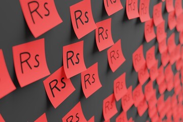 Many red stickers on black board background with symbol of Sri Lanka rupee drawn on them. Closeup view with narrow depth of field and selective focus. 3d render, illustration - obrazy, fototapety, plakaty