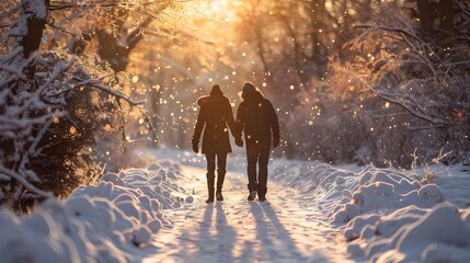 A couple is walking in the snow, holding hands