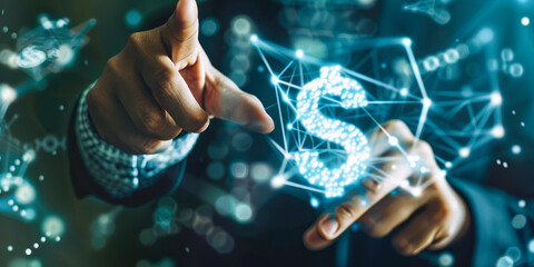 businessman and dollar sign. Successful international financial investment concept with business person showing growth, charts and dollar sign, digital technology. world economy