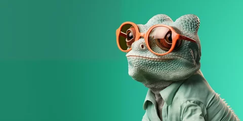 Wandcirkels tuinposter Chameleon wearing sunglasses on a green background. Beautiful Background, Generative AI. © Sugarpalm
