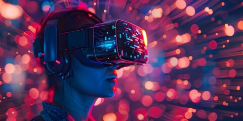 A girl wearing a VR headset is touching a screen with a green background