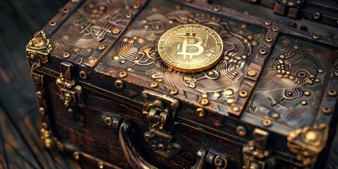A wooden chest full of gold coins with the word Bitcoin on them