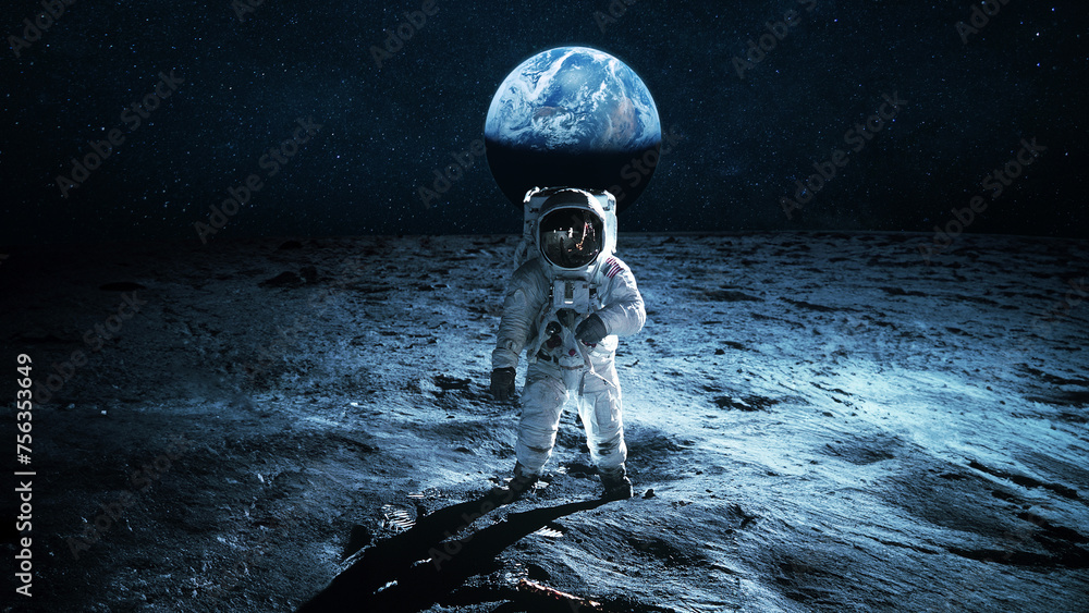 Aufkleber astronaut walks on the surface of the moon overlooking the blue planet earth. lunar mission and expl