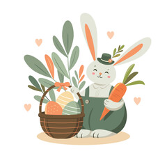Cute Easter bunny with basket and easter eggs. Happy Easter card design, trendy simple style, light green and orange colors

