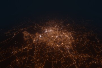 Aerial view on Columbus (USA) from east. Top view on modern city at night from satellite - obrazy, fototapety, plakaty