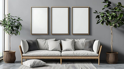 Multi mockup poster frames on metal grid panel, near a chic daybed