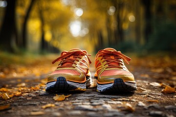 Autumn Run Inspiration - Trail Shoes on a Fall Path - Fitness Motivation - Seasonal Running Journey - Generative AI